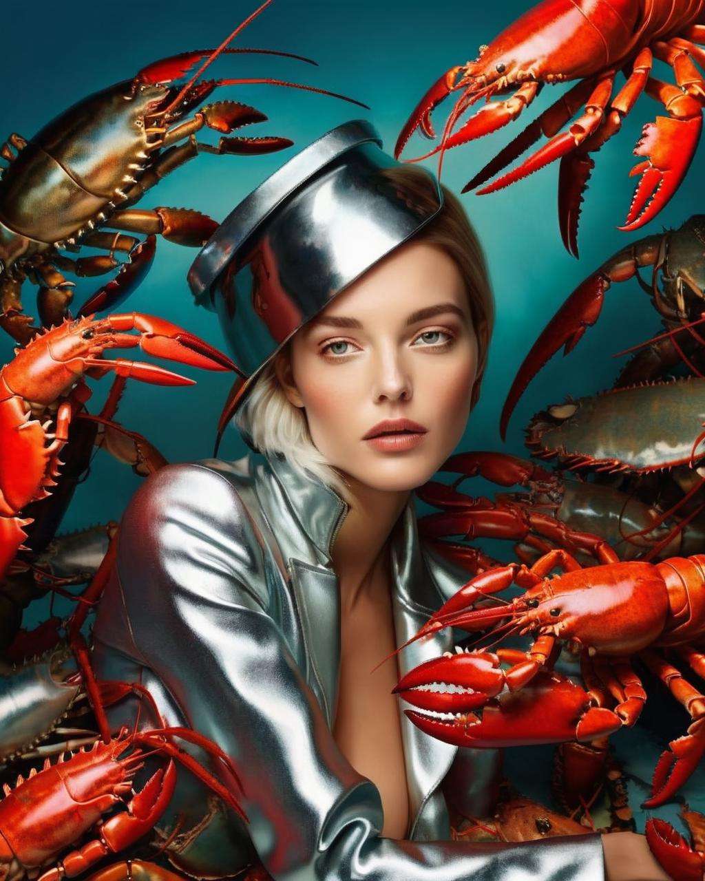 a woman with a silver jacket on posing for a picture  , Fauna_Portraits , surrounded by  Lobster, David LaChapelle, highly detailed digital painting, poster art, naturalism<lora:Fauna_Portrait_sdxl:1.0>