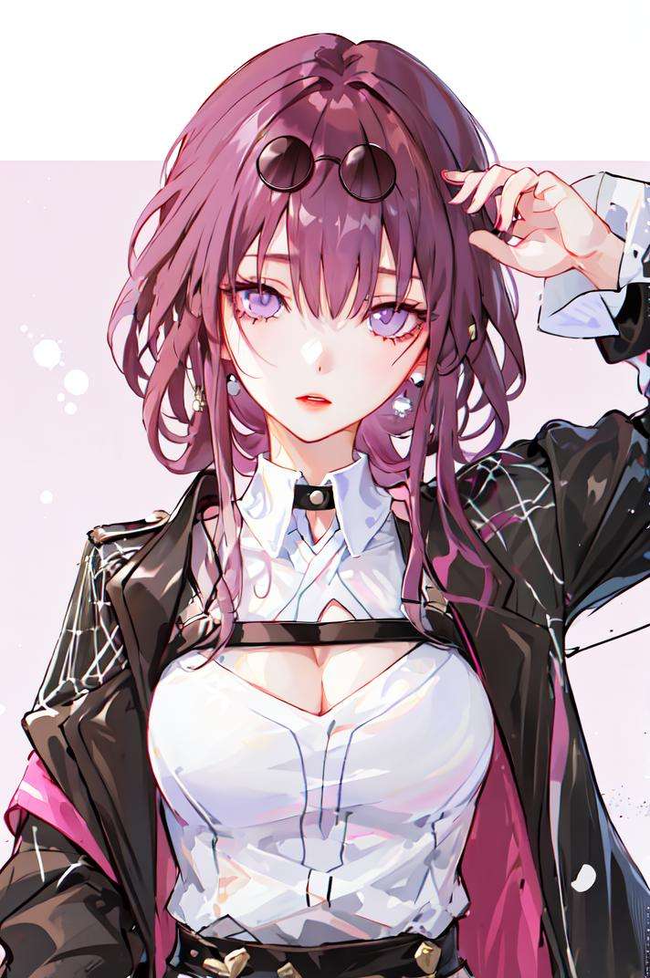 masterpiece, best quality, 1girl, <lora:StarRail_Kafka_AP_v1:0.85:LESS>, official, purple eyes, (empty eyes:1.2),  eyewear on head, black jacket, jacket on shoulders,  medium breasts, simple background, pink and purple background, 