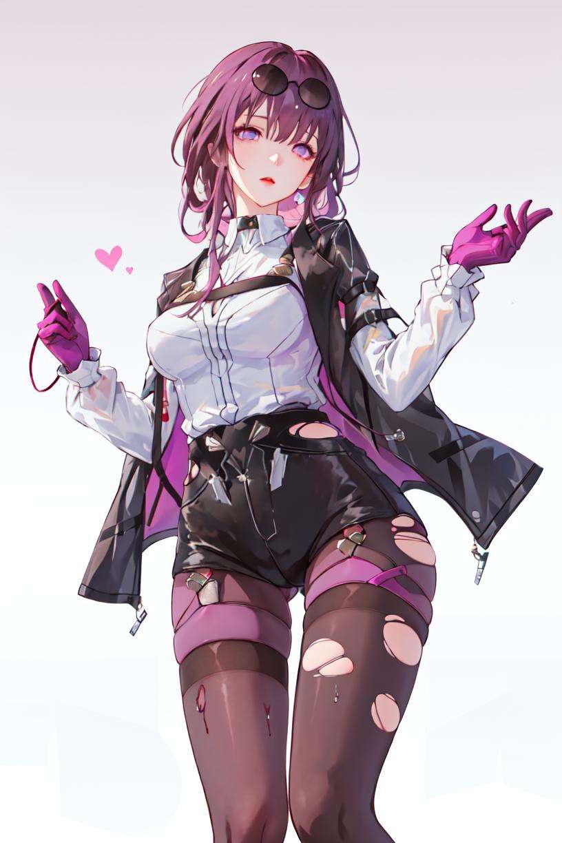 masterpiece, best quality, 1girl, <lora:StarRail_Kafka_AP_v1:0.85:LESS>, official, purple eyes, (empty eyes:1.2),  eyewear on head, black jacket, jacket on shoulders, shirt, medium breasts, purple gloves, shorts, pantyhose, black legwear, (torn legwear:1.2), (wet clothes:1.1),  wet,(from below:1.1), simple background, pink background, purple background, 