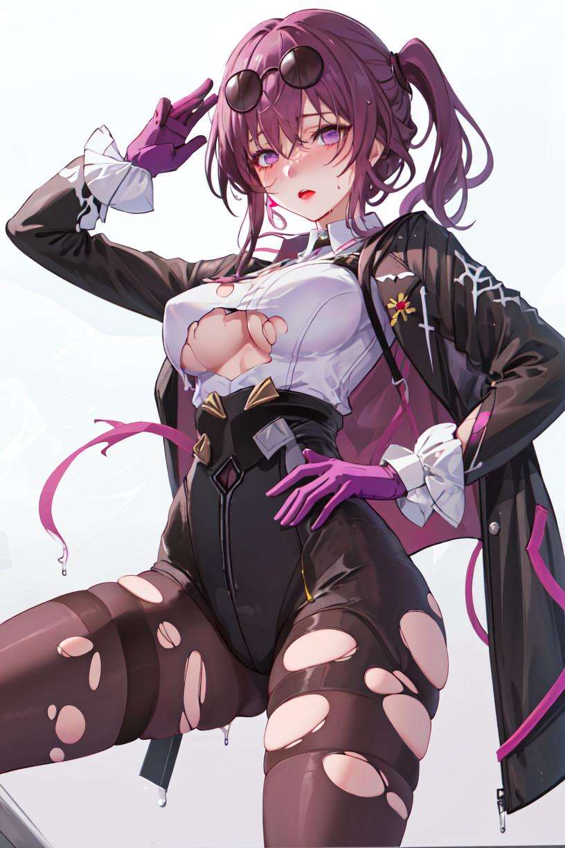 masterpiece, best quality, 1girl, <lora:StarRail_Kafka_AP_v1:0.75:LESS>, official, purple eyes, (empty eyes:1.2),  eyewear on head, black jacket, jacket on shoulders, shirt, medium breasts, purple gloves, shorts, pantyhose, black legwear, (torn legwear:1.2), (wet clothes:1.2),  wet, underboob, nose blush, (from below:1.1), simple background, pink background, purple background, 