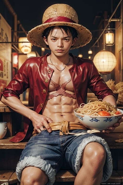 cinematic photo (best quality, masterpiece:1.2), photorealistic, ultra high res, front lighting, intricate detail, Exquisite details and textures, 1utf1 ((wearing straw hat)), ((holding a bowl of ramen)),(( eating ramen)),  sitting, in cyberpunk japan,abs, clenched hand, male focus, (scar on chest),red shirt,open clothes, open shirt, short hair, looking at viewer, shorts, sandals, red shirt, solo, straw hat, <lora:1utf1-02:1:0.8> detailed face, professional lighting, photon mapping, radiosity, physically-based rendering, . 35mm photograph, film, bokeh, professional, 4k, highly detailed
