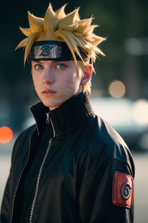 cinematic film still n4rut0, 1boy, facial mark, solo, whisker markings, spiked hair, orange hair,looking at viewer, blue eyes, jacket, konohagakure symbol, short hair, long sleeves, ninja, <lora:n4rut0:1> . shallow depth of field, vignette, highly detailed, high budget Hollywood movie, bokeh, cinemascope, moody, epic, gorgeous, film grain, grainy