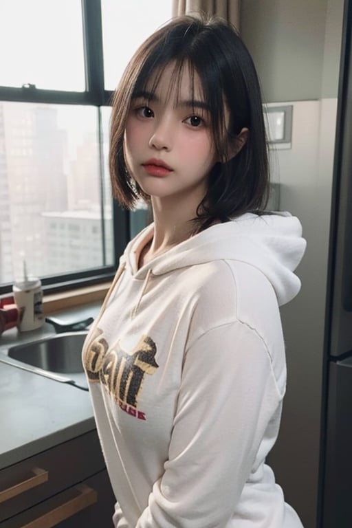 (nsfw:1.2), pornographic photo of a beautiful girl looking forward, wearing casual shirt with a hoodie, bottomless, white kitchen window, messy medium hair, slightly bent over,(bimbo style:1.2), medium upper body shot, looking at the camera, sad face, shallow depth of field, Photorealistic, Hyperrealistic, Hyperdetailed, analog style, detailed skin, matte skin, soft lighting, subsurface scattering, realistic, heavy shadow, masterpiece, best quality, ultra realistic, 8k, golden ratio, Intricate, High Detail, film photography, soft focus, detailed skin texture, (blush:0.5), (goosebumps:0.5), subsurface scattering,sakuraioficial