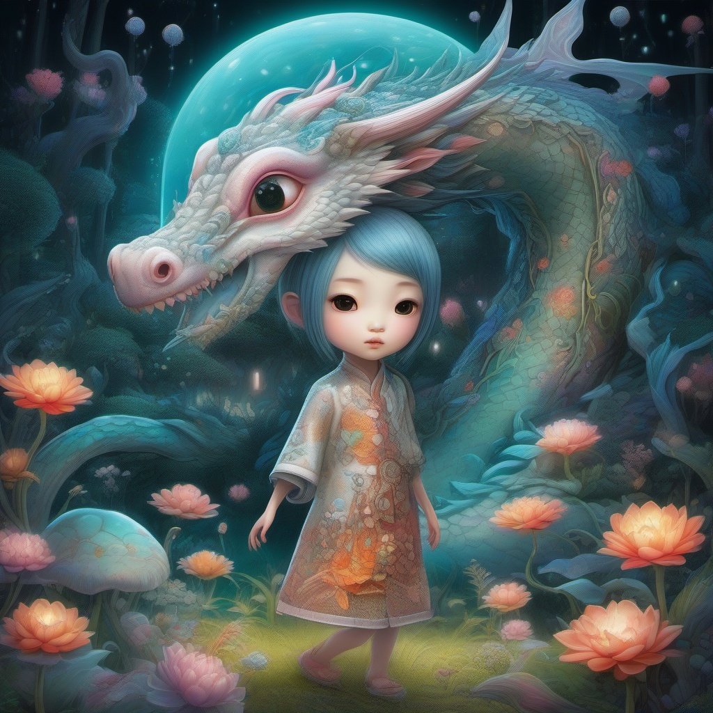   ultra highly detailed, , cinematic, 32k,  Asian folklore,  detailed  ink, acrylic,  by Craola,  Nicoletta Ceccoli, Beeple, Jeremiah Ketner  Todd Lockwood, storybook illustration,  cute  vivid tiny   Yokai  fairy   girl  and  perfect  Asian  ghost dragon , extremely big sharp  glowing   eyes,  meadow, forest,  night, ,stars, starry sky, fairytale,  storybook,   mystical, highly detailed unusual  highly detailed, intricated, intricated pose,   masterpiece, high quality, ultra details, small detailing,vibrant colors, complex patterns , unreal engine ,