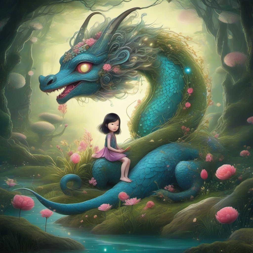   ultra highly detailed, , cinematic, 32k,  Asian folklore,  detailed  ink, acrylic,  by Craola,  Nicoletta Ceccoli, Beeple, Jeremiah Ketner  Todd Lockwood, storybook illustration,  cute  vivid tiny   Yokai  fairy   girl  and  perfect  Asian  ghost dragon , extremely big sharp  glowing   eyes,  meadow, forest,  night, ,stars, starry sky, fairytale,  storybook,   mystical, highly detailed unusual  highly detailed, intricated, intricated pose,   masterpiece, high quality, ultra details, small detailing,vibrant colors, complex patterns , unreal engine ,