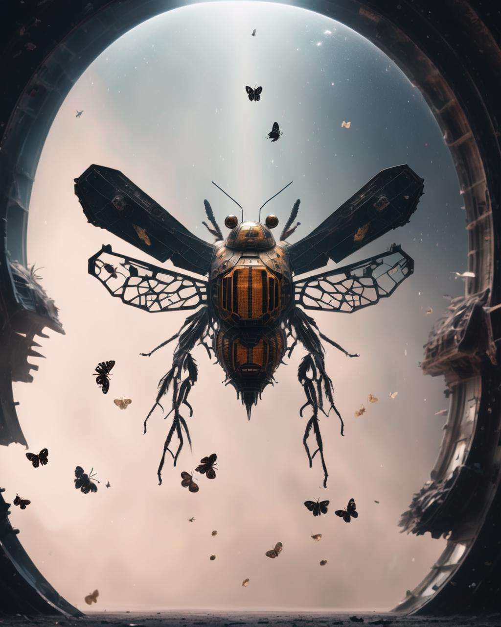 A hauntingly beautiful abandoned spaceship, floating in the void of space, its corroded hull and broken windows captured in a cinematic shot that highlights both its eerie desolation and its former grandeur. , by wlop, , Mia Charro , Núria Díaz , Insect, Butterfly, Bee, Spider<lora:cybergraphic_sdxl:1.0>