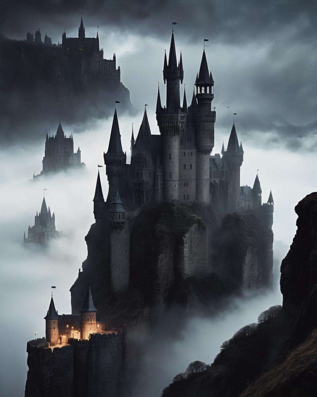 An imposing, gothic castle shrouded in mist, perched atop a jagged cliff, its turrets and spires reaching toward the ominous sky, captured in a cinematic shot with dramatic lighting and stark contrasts. , by wlop, , Penelope Bagieu , Erik Marinovich , Market, Vendor, Commuters, Bicycles<lora:cyber_aesthetic_sdxl:1.0>