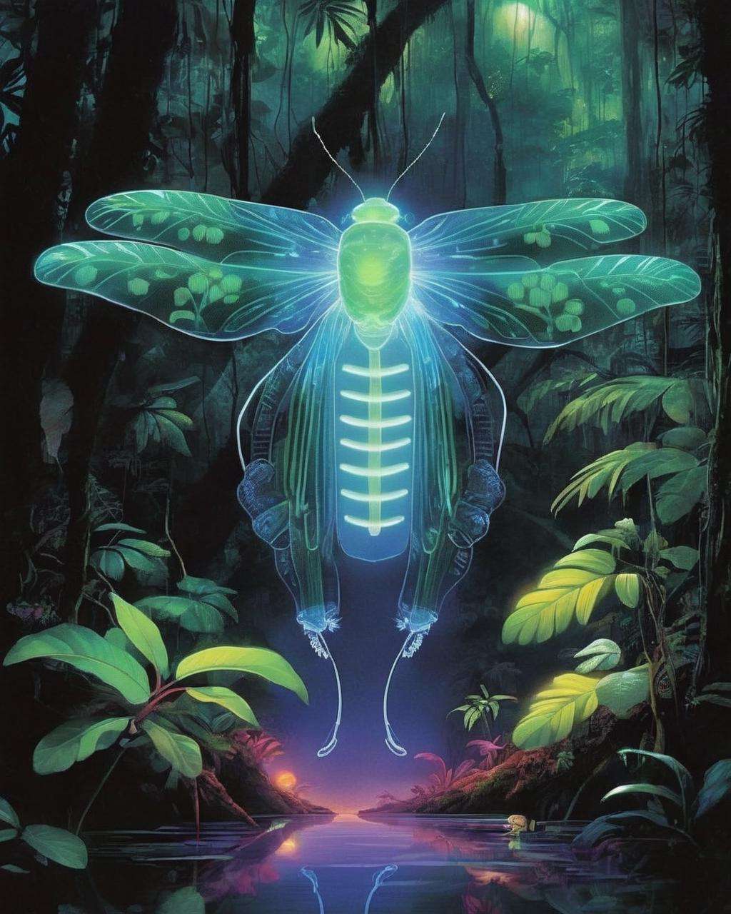 Deep within a lush rainforest, a scientist discovers a new species of bioluminescent insects, their soft glow creating a surreal and enchanting ambiance: rainforest exploration:0.9, bioluminescence:0.8, new species discovery:0.7, enchanting ecosystem:0.6. , by chie yoshii, , Jane Mount , Jon Burgerman , Authentic, Powerful, Storytelling, Real Life<lora:cyber_aesthetic_sdxl:1.0>