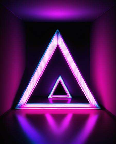 a triangle shaped neon light in a dark room , no humans, scenery, pink theme, purple theme, colorful, abstract, triangle, cube, neon lights, glitch