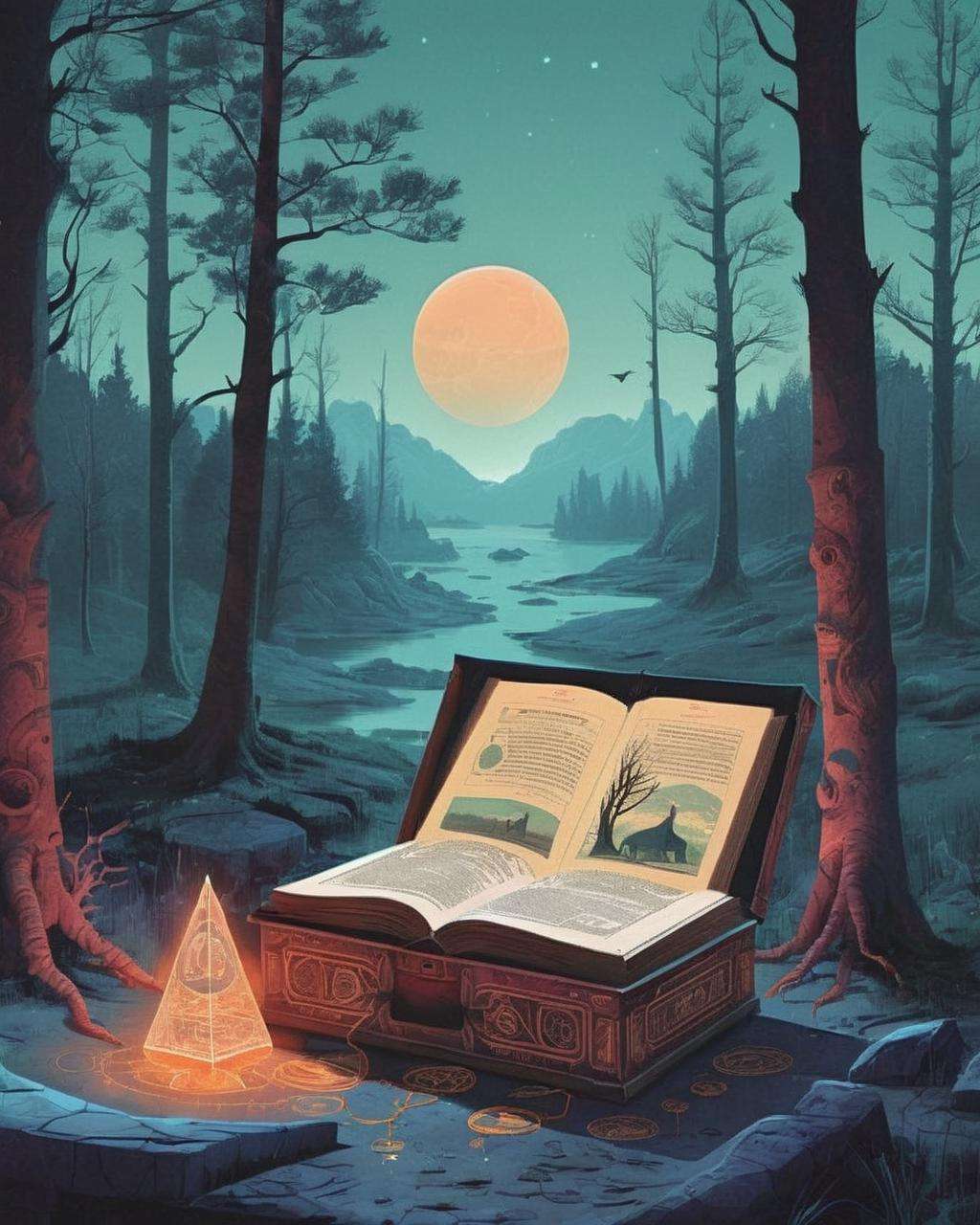 Amongst the pages of an ancient tome, intricate illustrations come to life, revealing the secrets of an arcane world filled with mythical creatures and magical spells: mystical grimoire:0.9, intricate illustrations:0.8, arcane secrets:0.7, mythical realm:0.6. , by simon stalenhag, , Simone Lia , Sarah Andersen , Stellar, Cosmic, Astral, Nocturnal Beauty<lora:cyber_aesthetic_sdxl:1.0>