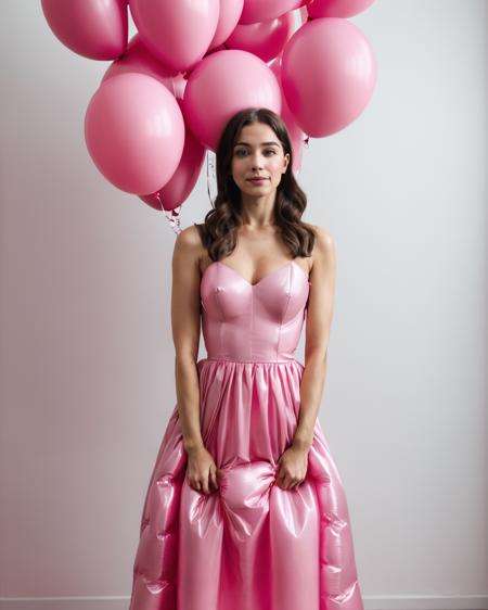 a woman in a pink dress holding a bunch of balloons
