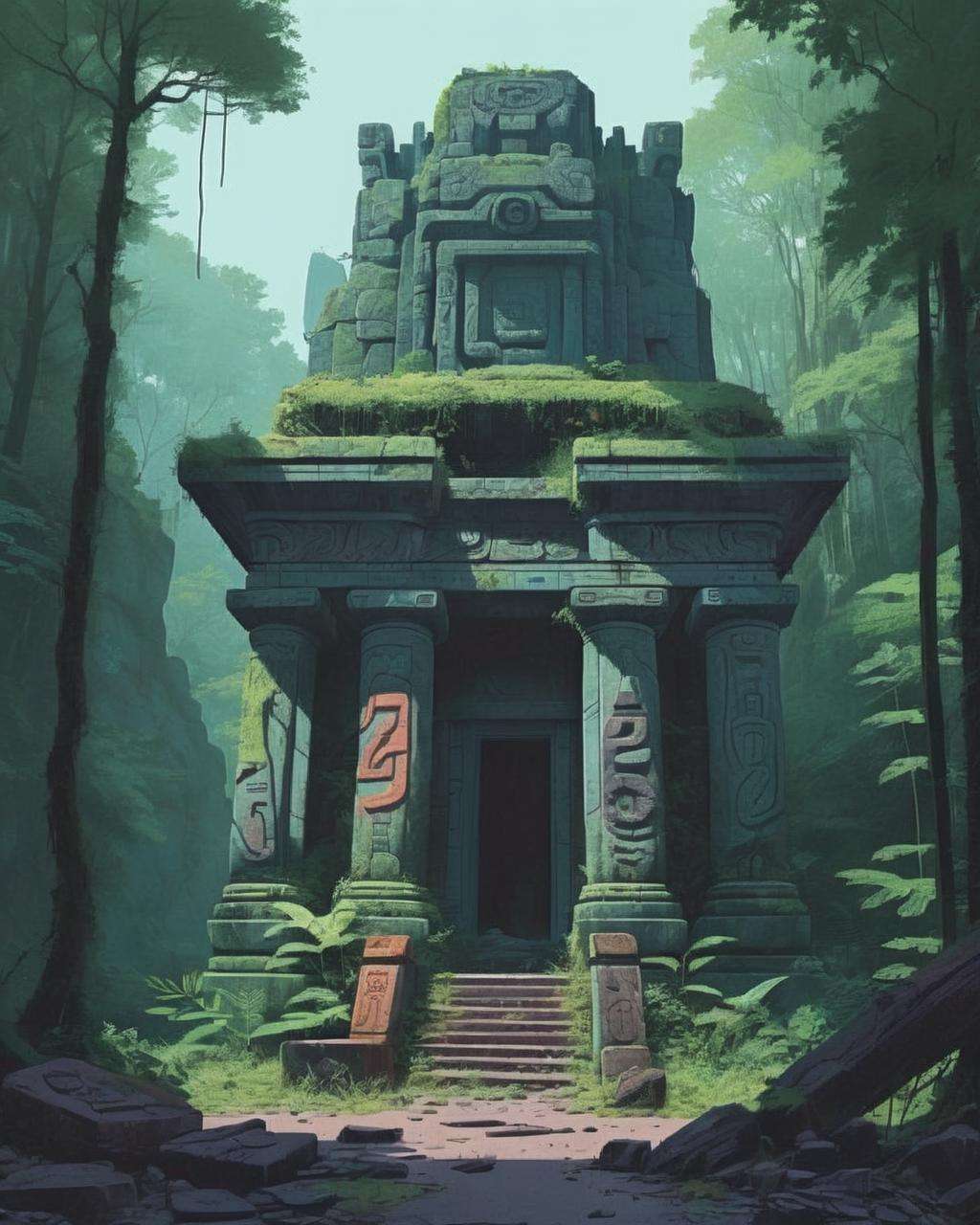 An ancient, overgrown temple nestled in a dense jungle, its crumbling stone façade and intricate carvings captured in a photograph that conveys a sense of mystery and exploration. , by simon stalenhag, , Sophie Roach , Kate Bingaman-Burt , Hardship, Resilience, Joy, Suffering<lora:cyber_aesthetic_sdxl:1.0>