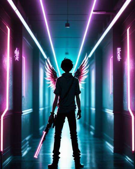 a man standing in a long hallway with neon lights , solo, 1boy, standing, weapon, male focus, wings, ikari shinji