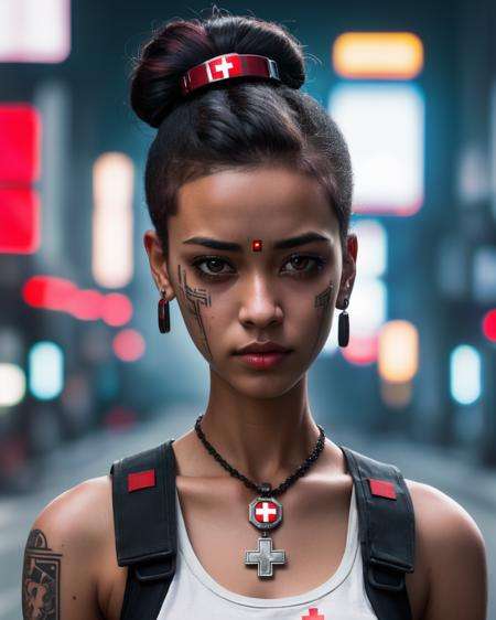 a woman with a red cross on her forehead , 1girl, solo, looking at viewer, short hair, black hair, jewelry, upper body, earrings, solo focus, dark skin, hair bun, blurry, dark-skinned female, lips, tattoo, blurry background, facial mark, tank top, forehead, science fiction, forehead mark, realistic, nose, road, cyborg, street, cyberpunk