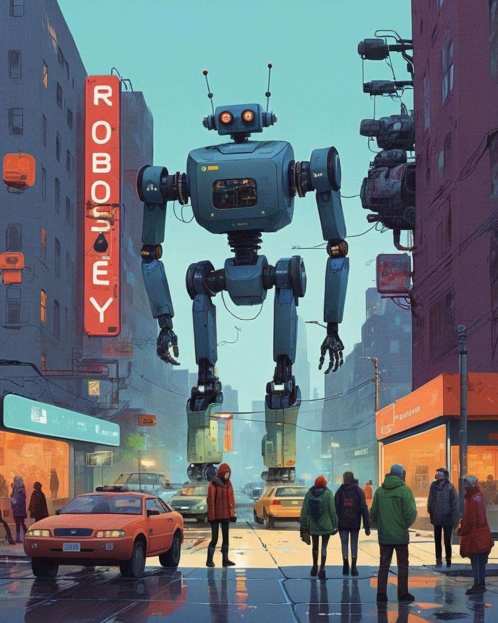 In a bustling futuristic city, robotic companions assist humans in their daily tasks, a harmonious coexistence of technology and society, where machines and humans thrive together: robotic assistance:0.9, futuristic coexistence:0.8, harmonious society:0.7, technological harmony:0.6. , by simon stalenhag, , Pascal Campion , Caitlin Keegan , Laughter, Joy, Contemplation, Intimacy<lora:cyber_aesthetic_sdxl:1.0>
