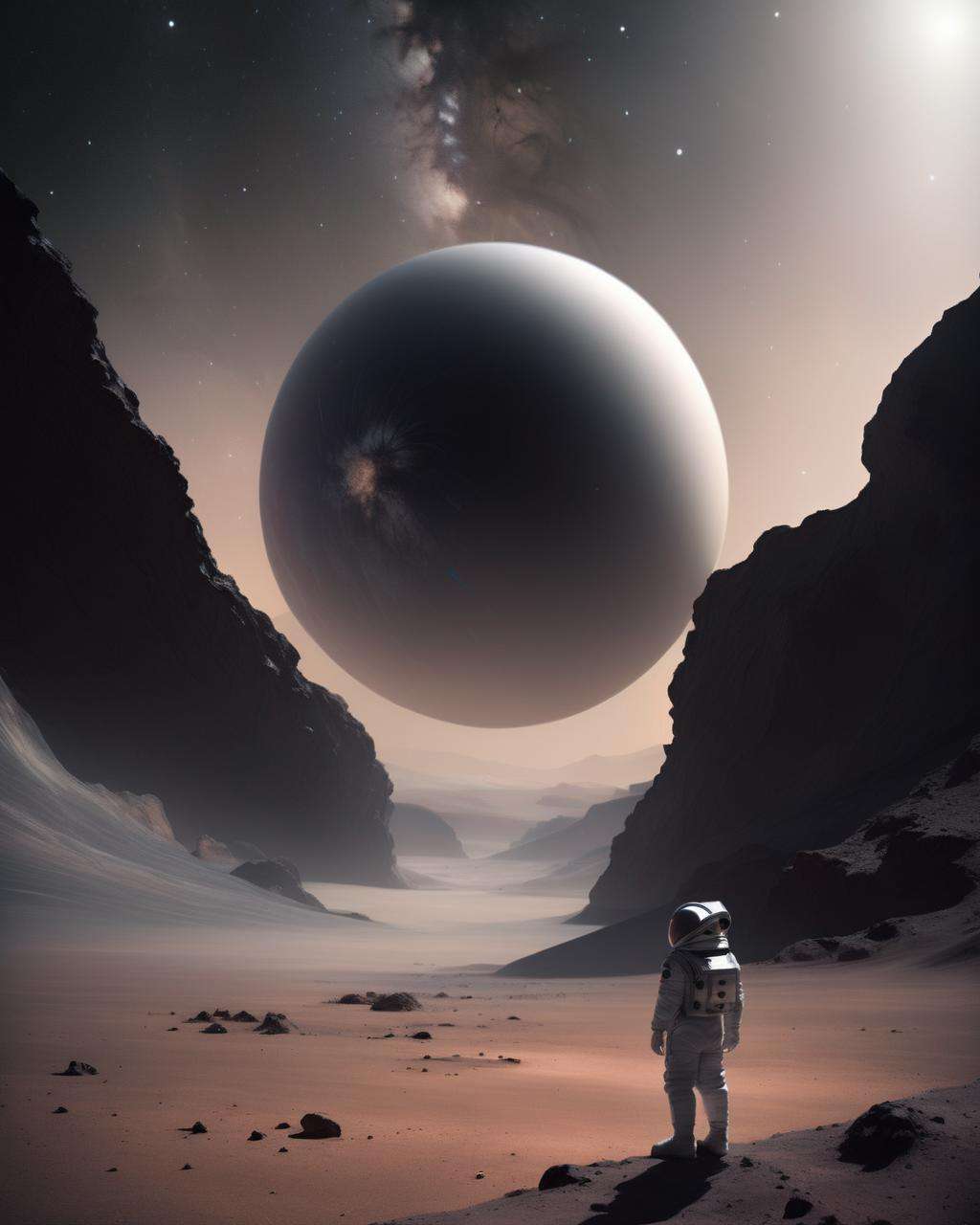 A lone astronaut standing on the surface of a barren alien planet, the alien landscape stretching out before them, captured in a stark and haunting photograph that conveys a sense of isolation and wonder. , by wlop, , Vera Brosgol , Owen Davey , Stellar, Cosmic, Astral, Nocturnal Beauty<lora:cybergraphic_sdxl:1.0>