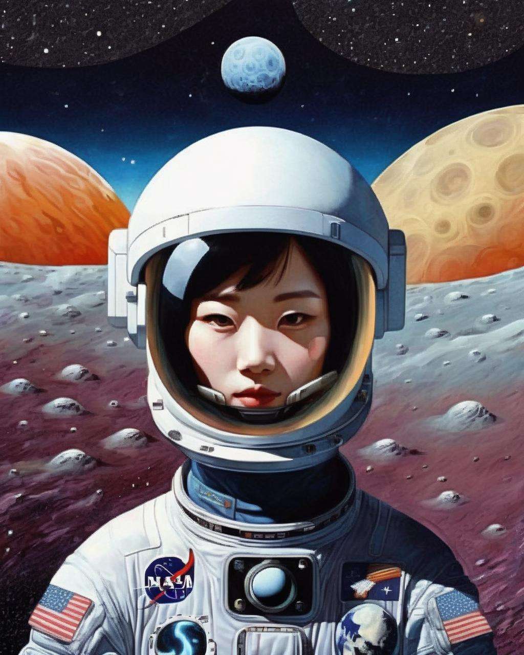 A brave astronaut, visor reflecting the vastness of space, standing on the surface of a distant moon, Earth looming large in the sky, captured in a high-resolution photograph that showcases the stark beauty of the cosmos. , by chie yoshii, , Jim Woodring , Audrey Kawasaki , Microcosm, Patterns, Vibrant, Close-Up<lora:cyber_aesthetic_sdxl:1.0>