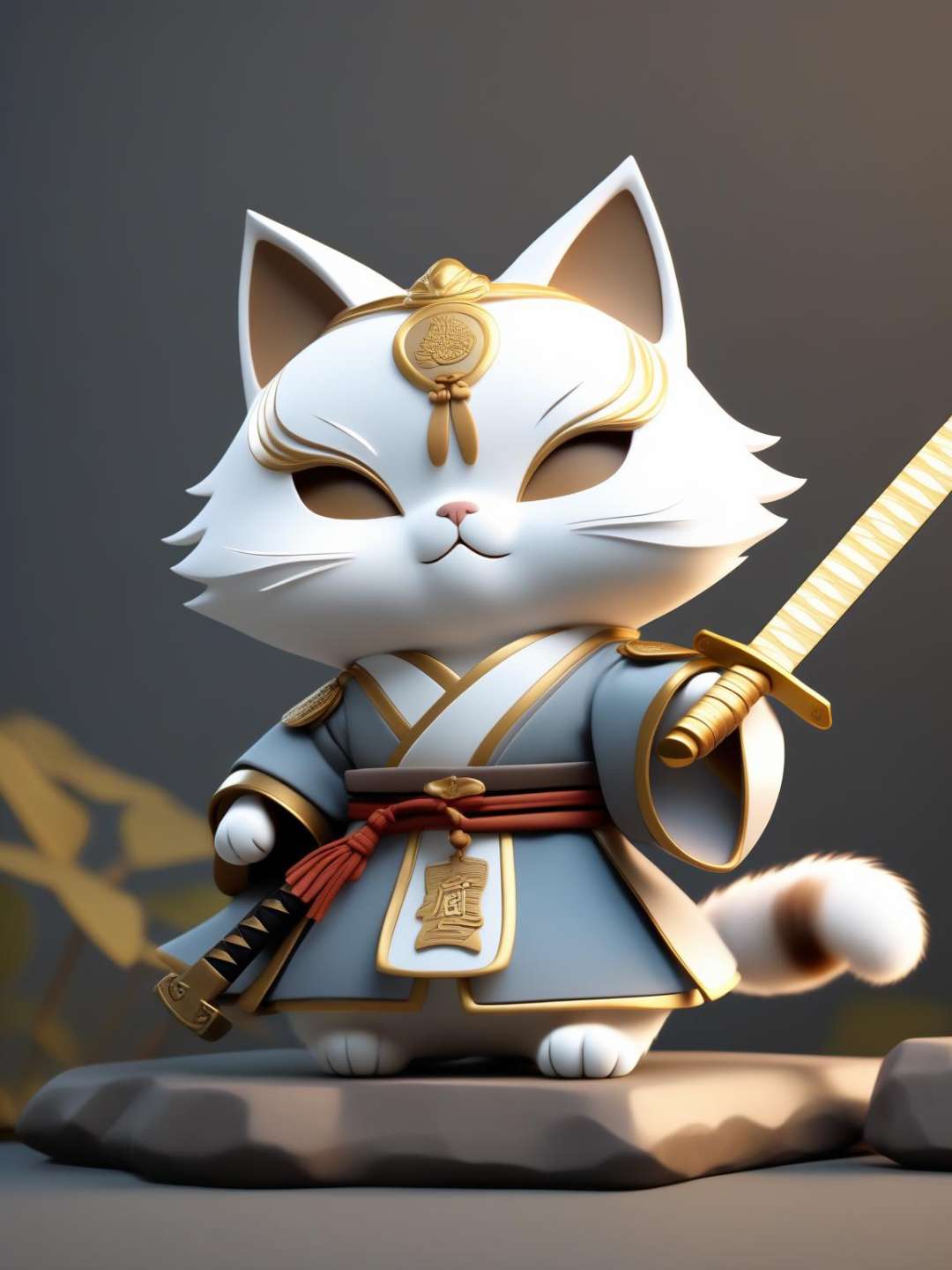 A retro cat, Hanfu, wearing a sword, 3D personification Realistic portrait, realist, light gray and brown, cold personality, writer, traveler 3D or modern art style, 3D gaming art, personification, 8K, 