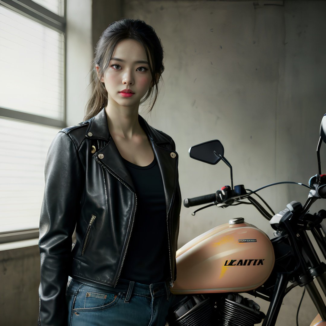 Wearing A leather Jacket standing beside motorcycle, hyper realistic lifelike texture dramatic lighting unreal engine trending on art station, award winning photo, nikon RAW photo,8 k, Fujifilm XT3,masterpiece, best quality, realistic, photorealistic, ultra detailed, extremely detailed face, solo,1girl,