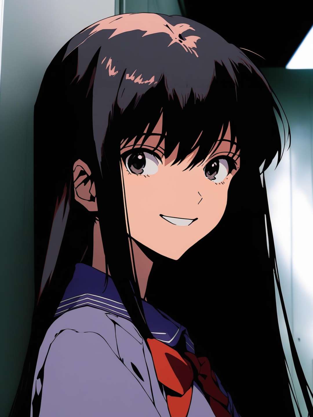 Long straight black bang hair, evangelion, school girl, menhera, japan, gloomy face, depress, smiling, insane,