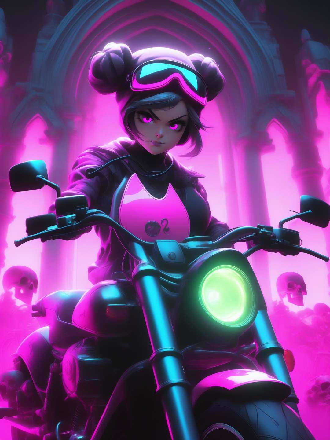A female realistic portrait gothic skull character with buns hair and wearing a magenta gothic outfit, big skull cap, standing next to neon motercycle coming out of the gate of skulls, in the style of gothic dark and macabre, 2d game art, flurocescent colours, strong facial expression, cinematic lighting, chinapunk, violent, rtx on, eye - catching, black paintings, in the style of Artgerm