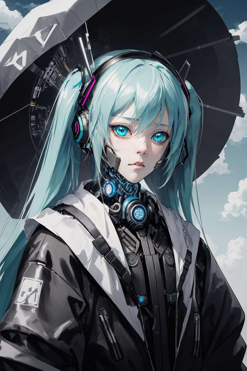 futobot, cyborg, mask, masterpiece, best quality, ultra-detailed, illustration, portrait, 1girl, hatsune miku, close-up,angry, streetwear style, (sky background:1.5),  <lora:Futuristicbot4:0.6> 