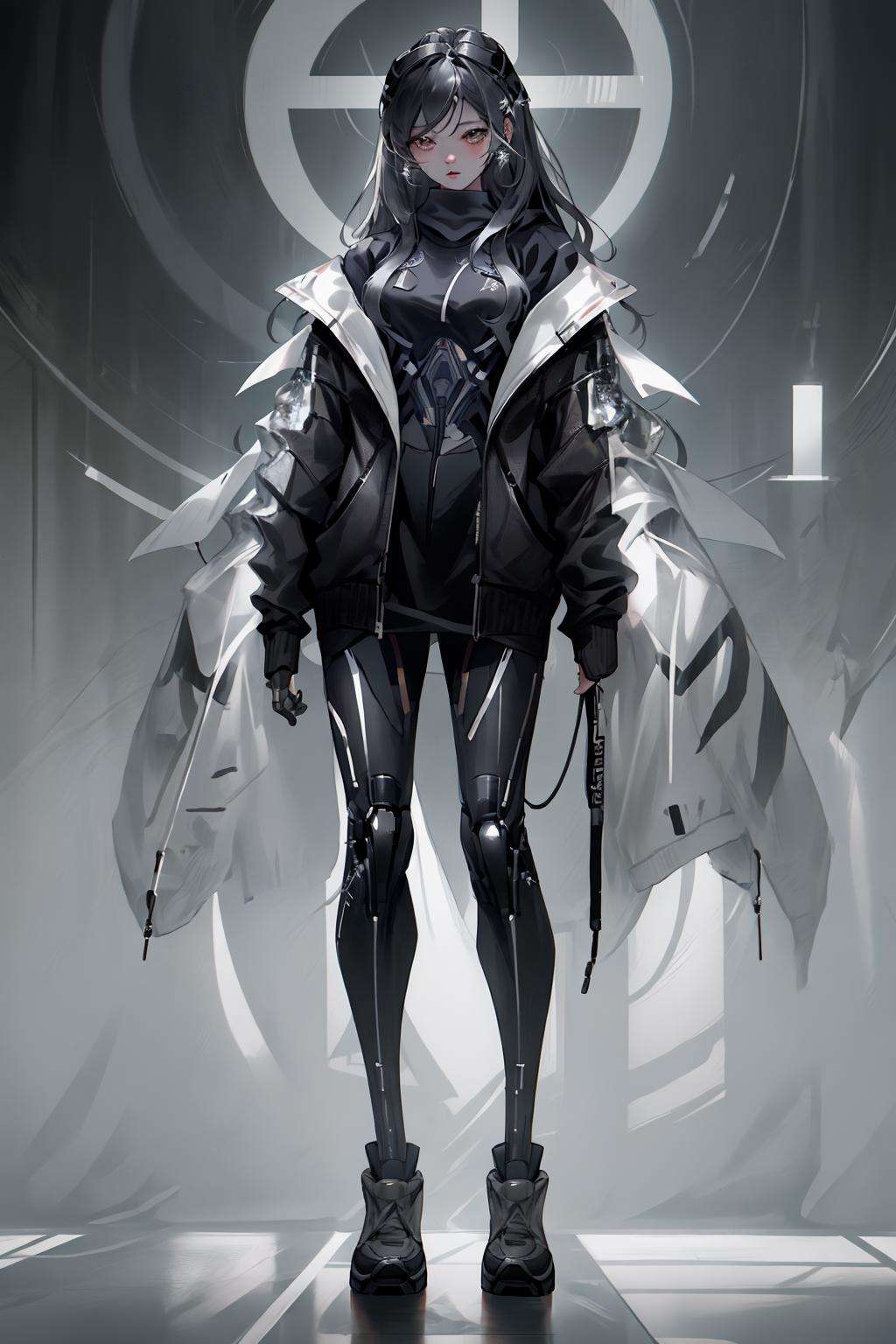 solo, cyborg, cloak, full shot, full body, akpopgirl, 1girl, wearing black fitness suit, sport shoes, standing in the gym, The focus is on her intense gaze and shiny clothes, looking at camera, in the style of realistic and hyper-detailed renderings, realistic figures. <lora:Kpopfashiongirl-000005:0.7> ulzzang-6500-v1.1 <lora:Futuristicbot2:0.8>