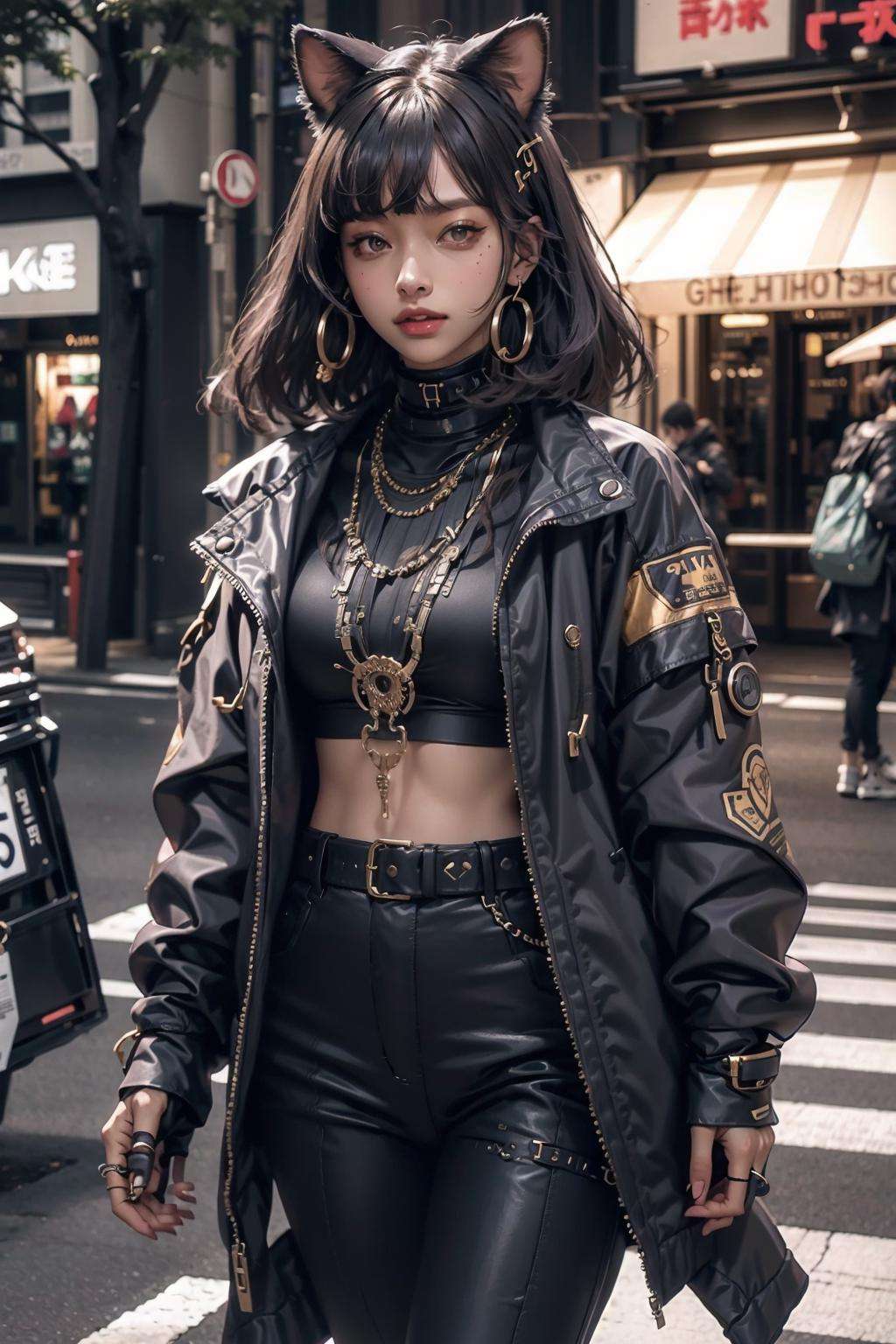 (medium shot:1.3), a woman walking in a city,   techwear, shibuya tokyo, accessories, necklace  <lora:Egyptgodpunkv.4:1>  