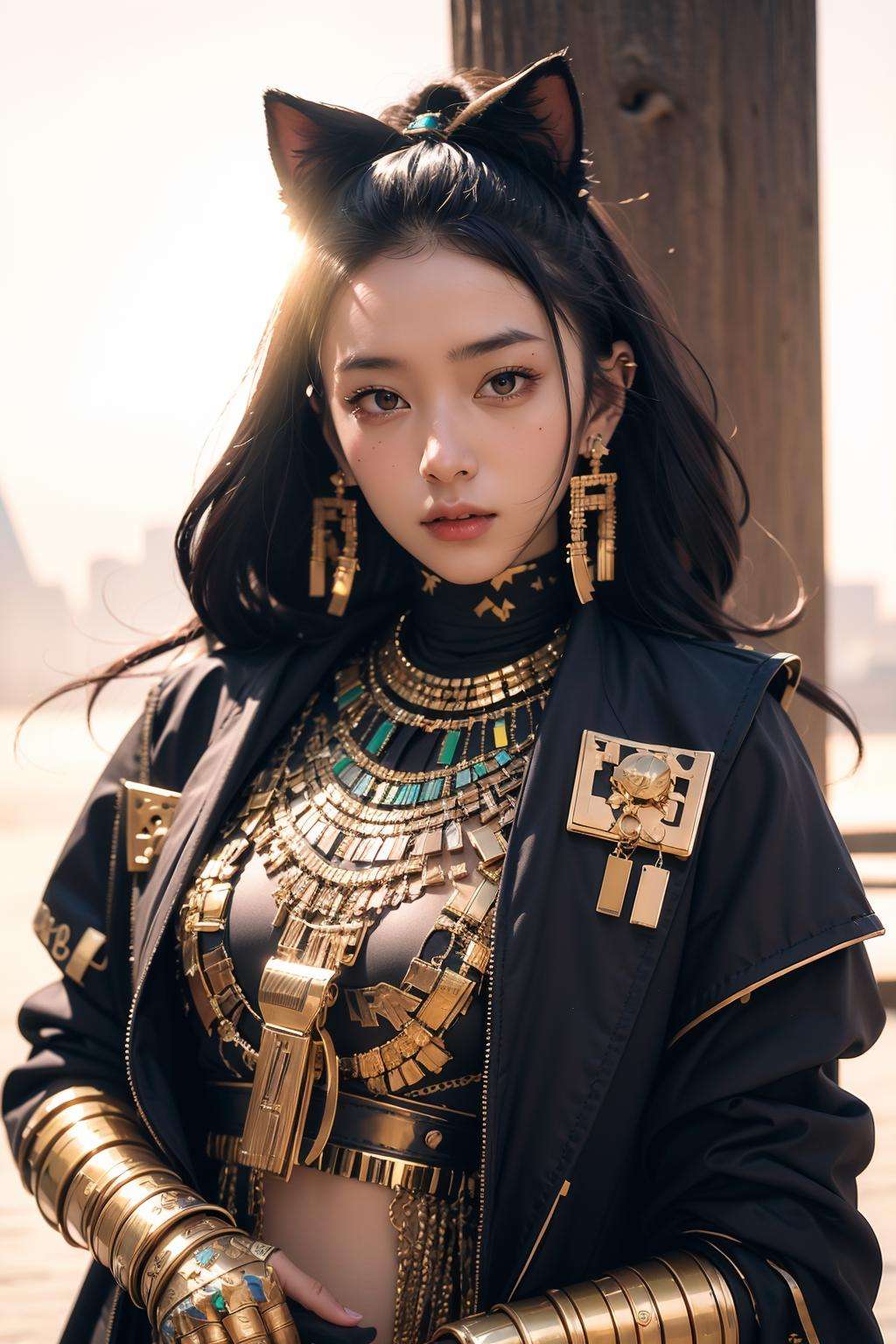 (RAW photo, 4k, realistic, exquisitely detailed skin), masterpiece, best quality, official art, unity 8k wallpaper, ultra detailed, golden hour, (medium shot:1.3),  techwear, a woman, egypt, shibuya tokyo, long hair, pale face, accessories, necklace <lora:Egyptgodpunkv.4:0.8>