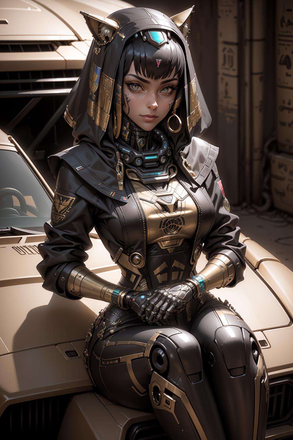 a Female car Transformers (egypt robot), Autobots, the focus is on it's shining and reflection , looking at camera, in the style of realistic and hyper-detailed renderings, realistic figures  <lora:Egyptgodpunkv.4-000010:0.7>