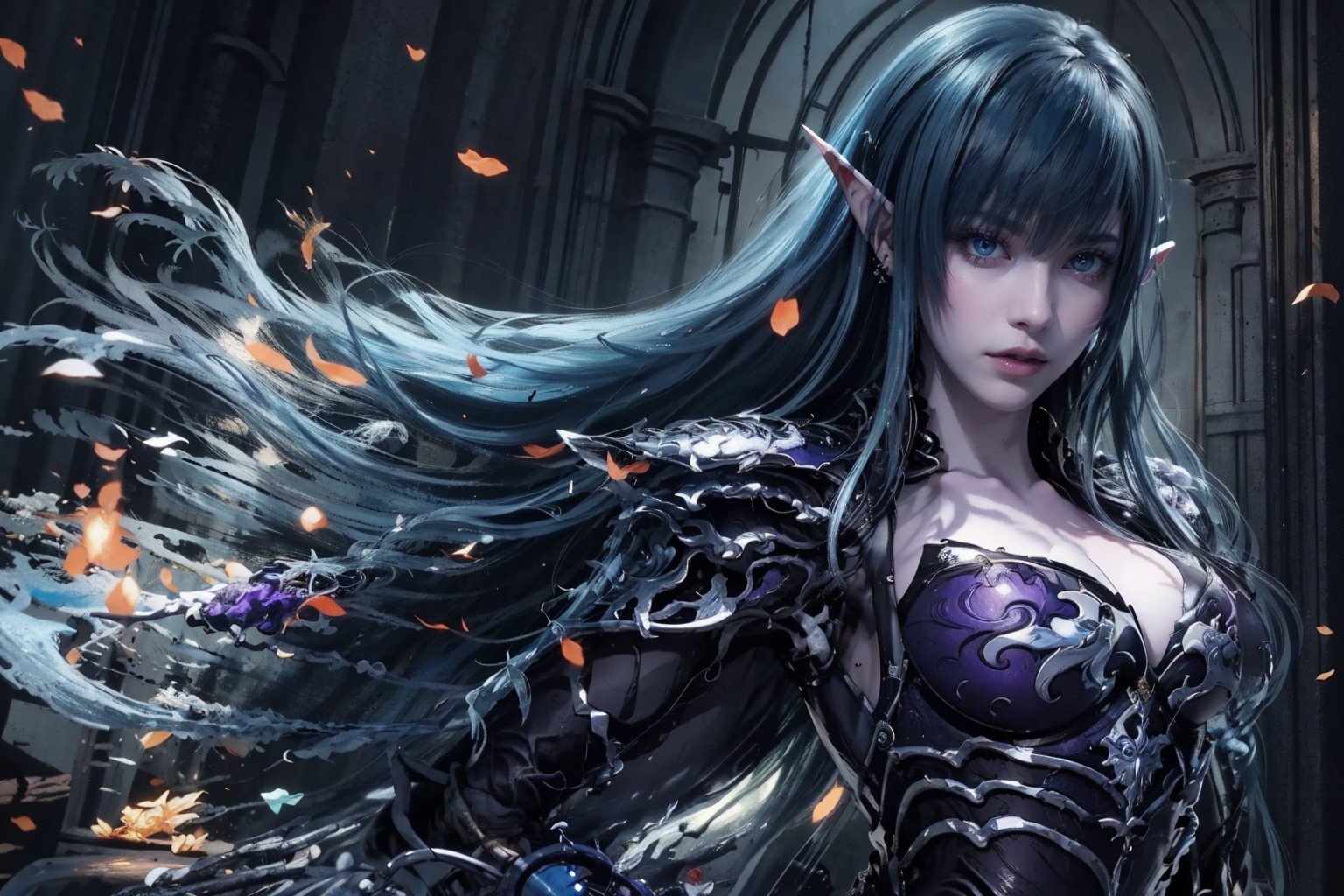 masterpiece,best quality,official art,extremely detailed CG unity 8k wallpaper,1girl, long hair, solo, pointy ears, armor, shoulder armor, breasts, blue eyes, elf, blue hair, pauldrons, upper body, looking at viewer, shoulder pads, black hair, cleavage,purple lips,  <lora:随风起舞:0.65>