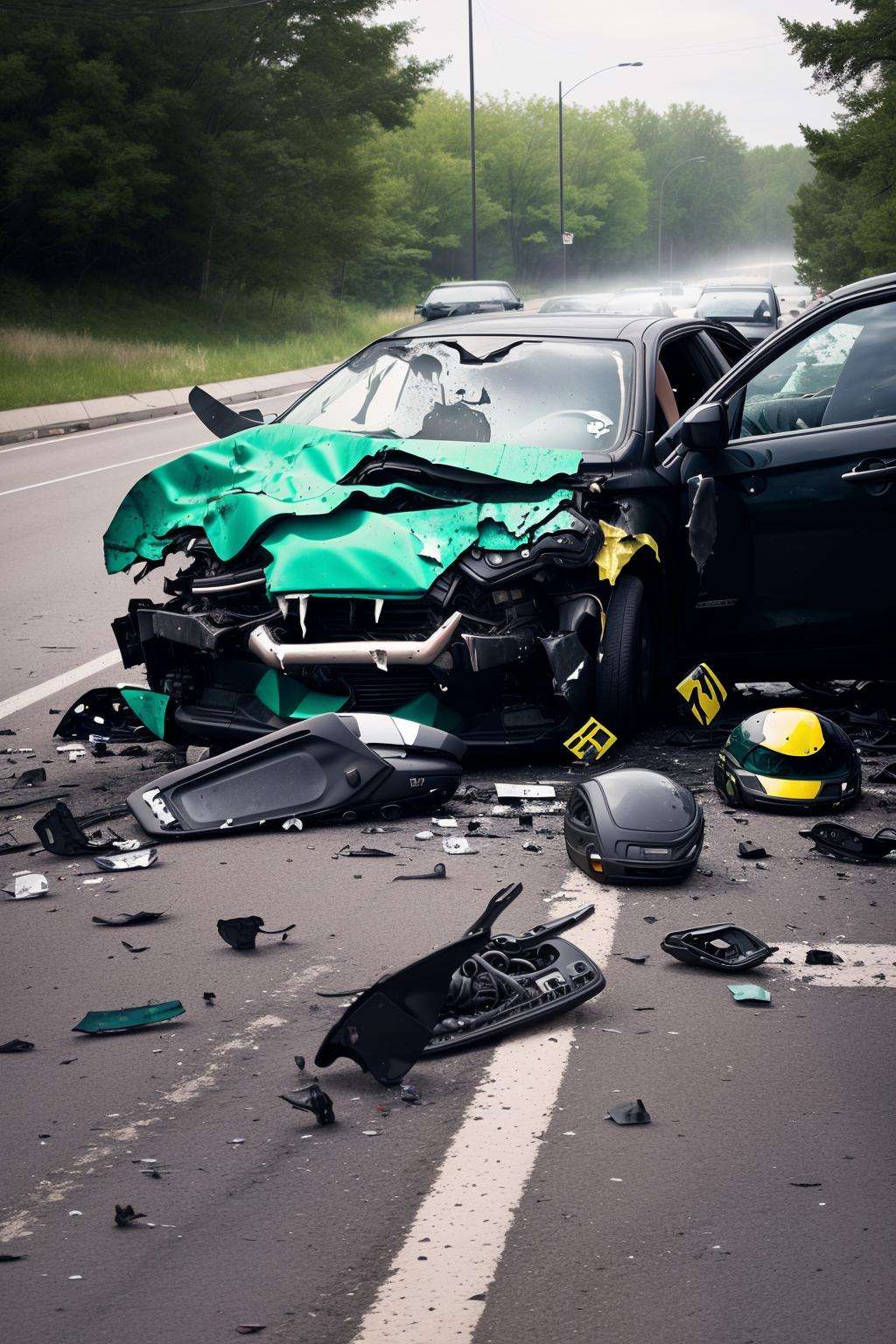 A collision between two cars results in a crumpled hood and a deployed airbag, the dramatic effects of the impact captured in a high-resolution photograph:1.5, collision between two cars:1.2, crumpled hood:1.2, deployed airbag:1.1, dramatic effects:1.1, impact:1.0, high-resolution photograph:1.2. , RoadWreck_Simulator 