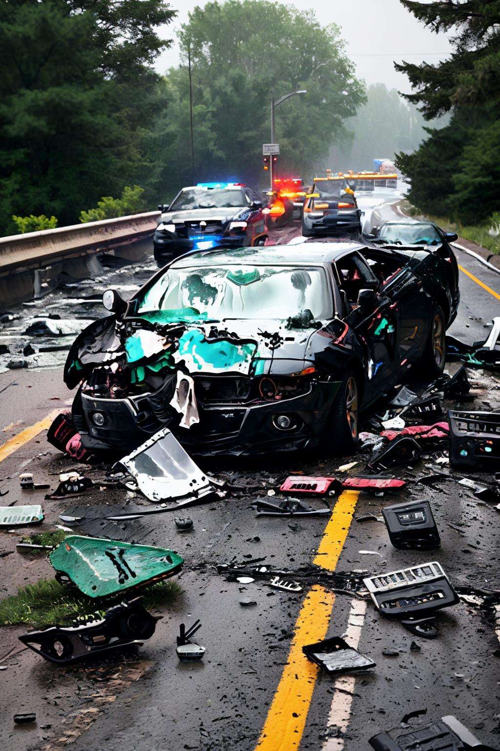 A devastating car crash scene unfolds on a rain-soaked highway, the wreckage and shattered glass reflecting the chaos and destruction:1.5, devastating car crash:1.2, rain-soaked highway:1.2, wreckage:1.1, shattered glass:1.1, chaos:1.0, destruction:1.0. , RoadWreck_Simulator