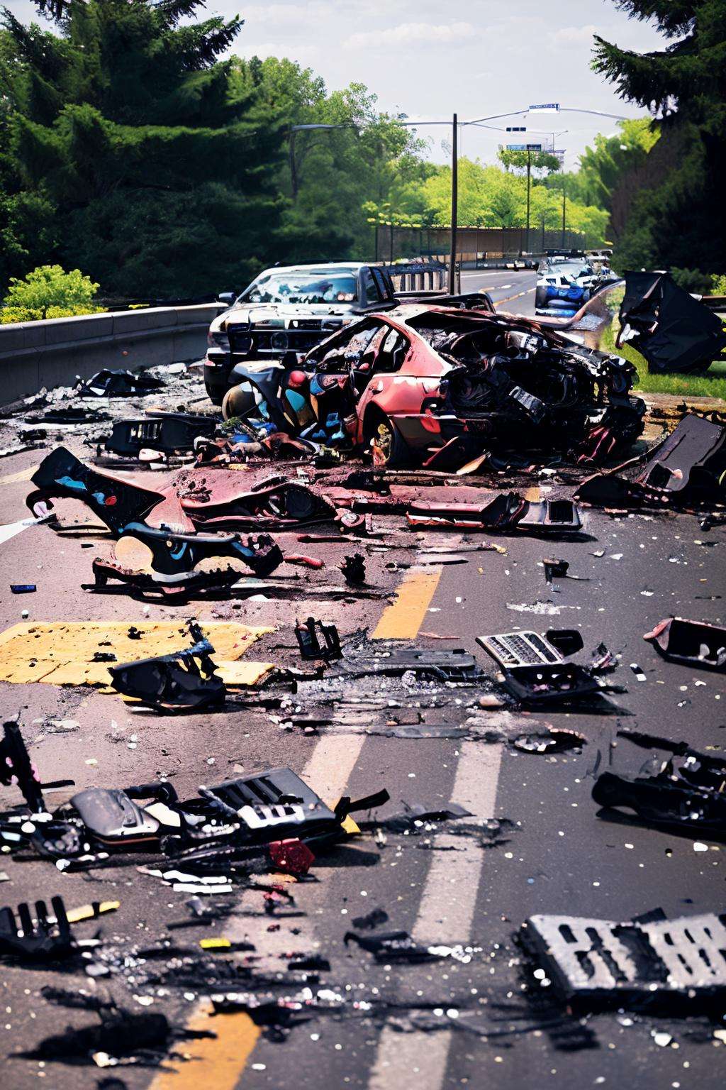 The collision site is marked by broken glass and dented metal, capturing the aftermath of the crash and the resulting wreckage:1.5, collision site:1.2, marked by:1.2, broken glass:1.1, dented metal:1.1, capturing:1.0, aftermath of the crash:1.1, resulting wreckage:1.1. , RoadWreck_Simulator