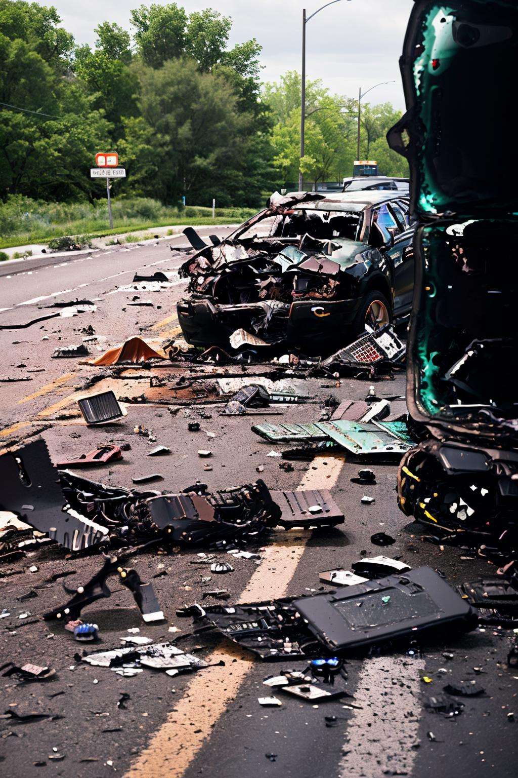 The collision site is marked by broken glass and dented metal, capturing the aftermath of the crash and the resulting wreckage:1.5, collision site:1.2, marked by:1.2, broken glass:1.1, dented metal:1.1, capturing:1.0, aftermath of the crash:1.1, resulting wreckage:1.1. , RoadWreck_Simulator