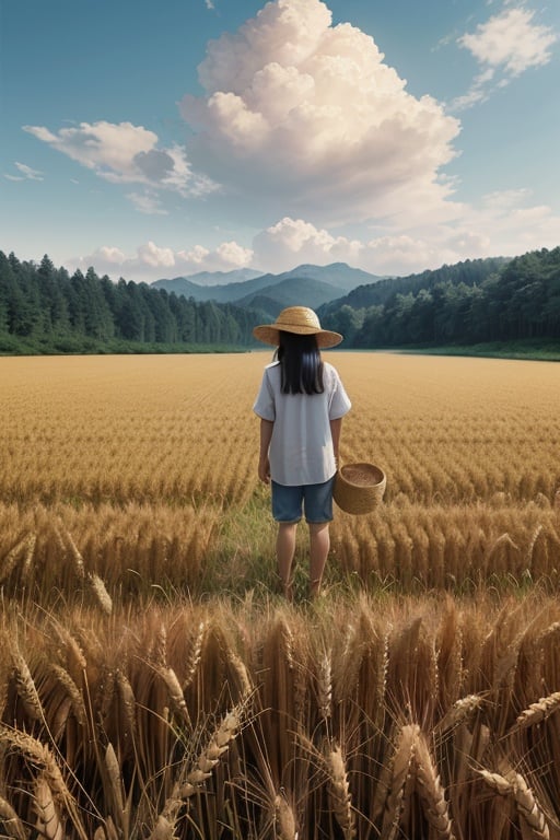 Wheat field, a farmer uncle with a straw hat standing in a wheat field, big clouds, blue sky, rice field, neat rice seedlings in the field, forest, hillside, secluded, rural, HD detail, hyper-detail, cinematic, surrealism, soft light, deep field focus bokeh, ray tracing and surrealism