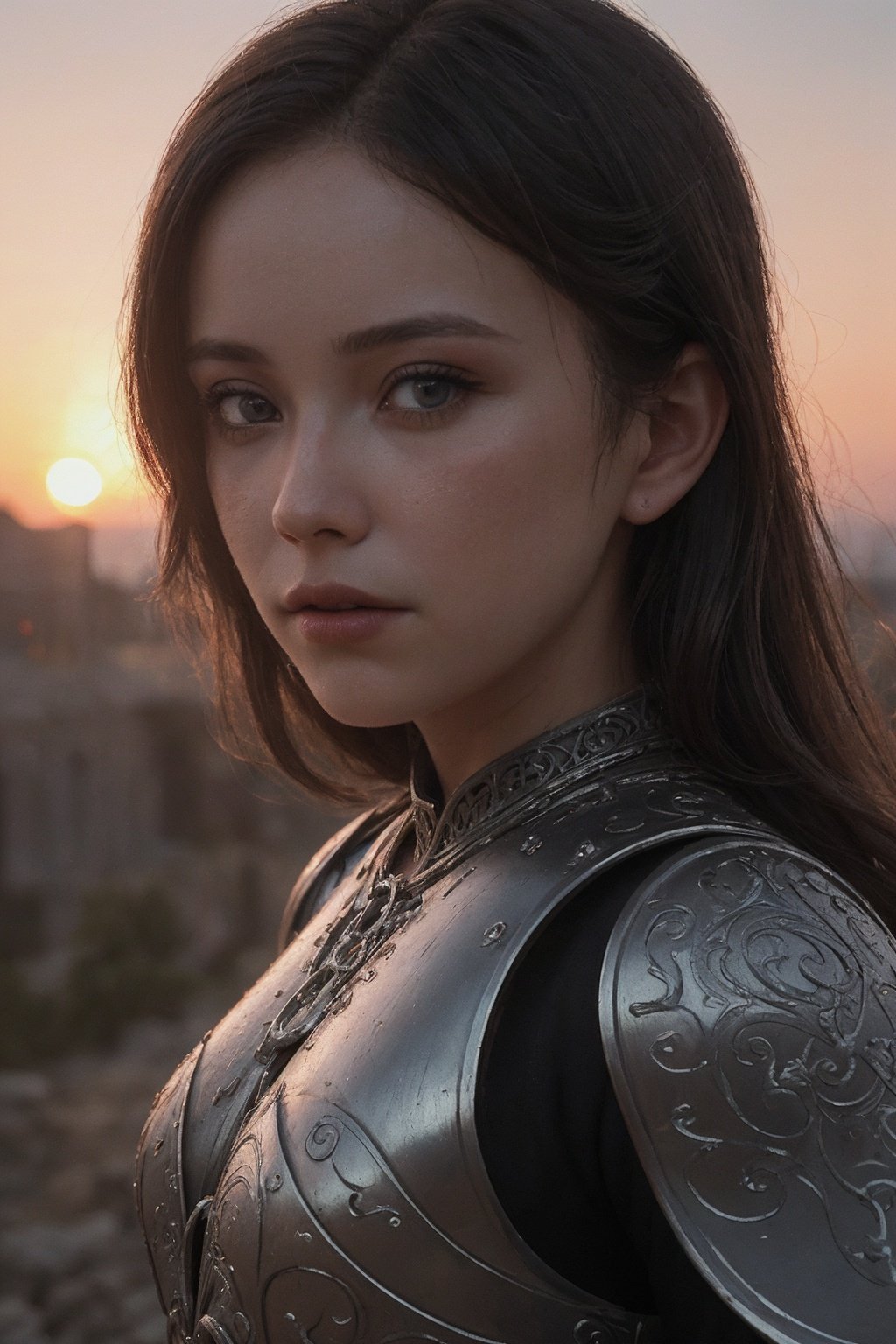 concept art (masterpiece), (extremely intricate:1.3), (realistic), portrait of a girl, the most beautiful in the world, (medieval armor), metal reflections, upper body, outdoors, intense sunlight, far away castle, professional photograph of a stunning woman detailed, sharp focus, dramatic, award winning, cinematic lighting, octane render unreal engine, volumetrics dtx, (film grain, blurry background, blurry foreground, bokeh, depth of field, sunset, motion blur:1.3), chainmail . digital artwork, illustrative, painterly, matte painting, highly detailed