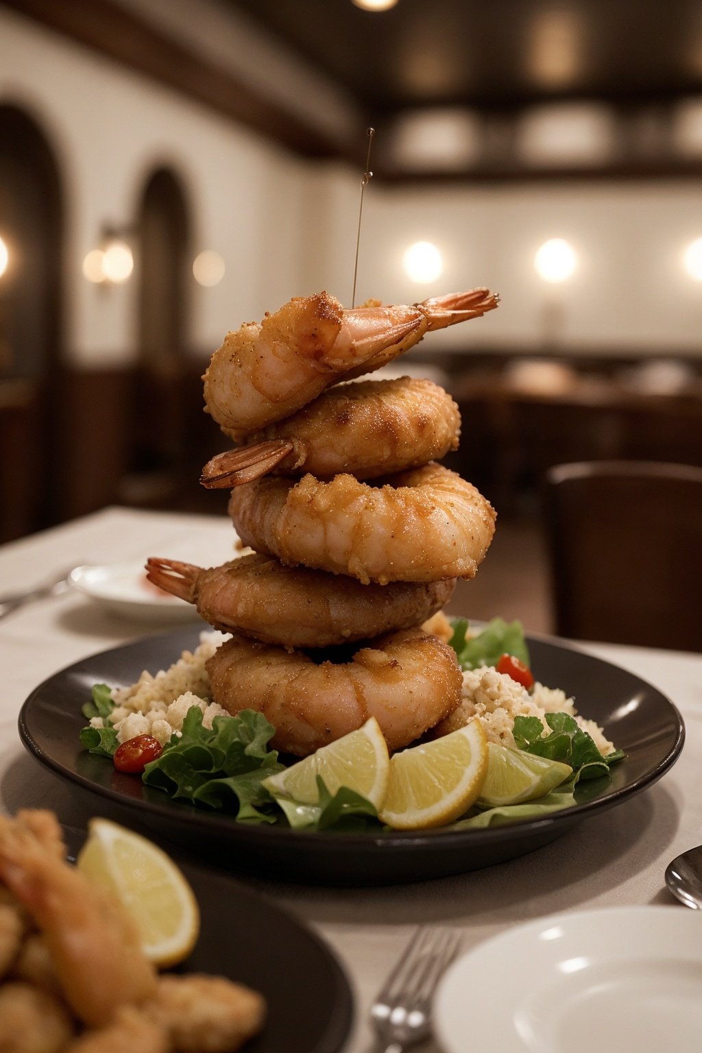 cinematic film still style: close-up shot | genre: gourmet | emotion: tempting | scene: fried shrimp platter with tartar sauce | tags: high-end food photography, celan composition, dramatic lighting, luxurious, elegant, mouth-watering, indulgent, gourmet | camera: nikon z7 | focal lenght: 105mm | shot type: close-up | composition: centered | lighting: soft directional light | production: food stylist | time: evening | location type: interior . shallow depth of field, vignette, highly detailed, high budget Hollywood movie, bokeh, cinemascope, moody, epic, gorgeous, film grain, grainy