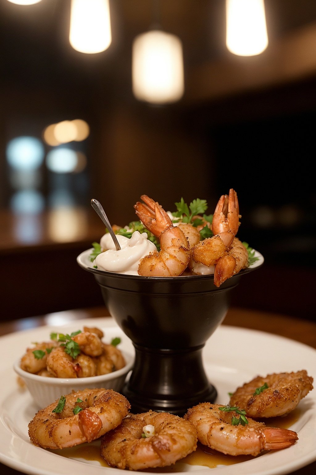 cinematic film still style: close-up shot | genre: gourmet | emotion: tempting | scene: fried shrimp platter with tartar sauce | tags: high-end food photography, celan composition, dramatic lighting, luxurious, elegant, mouth-watering, indulgent, gourmet | camera: nikon z7 | focal lenght: 105mm | shot type: close-up | composition: centered | lighting: soft directional light | production: food stylist | time: evening | location type: interior . shallow depth of field, vignette, highly detailed, high budget Hollywood movie, bokeh, cinemascope, moody, epic, gorgeous, film grain, grainy