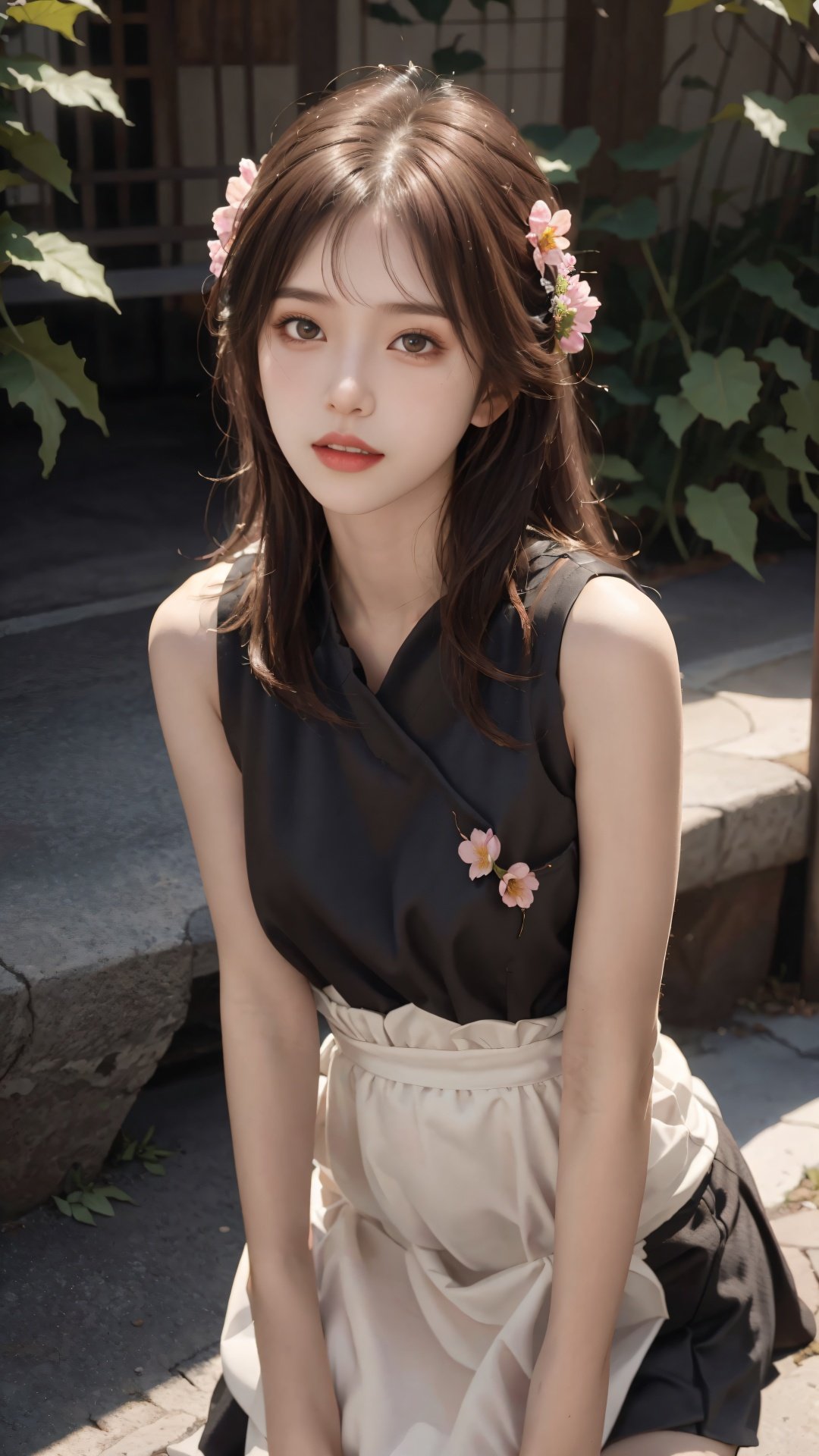 1girl,solo,brown hair,dress,looking at viewer,Dark skirt,long hair,outdoors,parted lips,brown eyes,lips,sleeveless,realistic,sleeveless dress,standing,flower,day,<lora:网红脸3:0.8>,