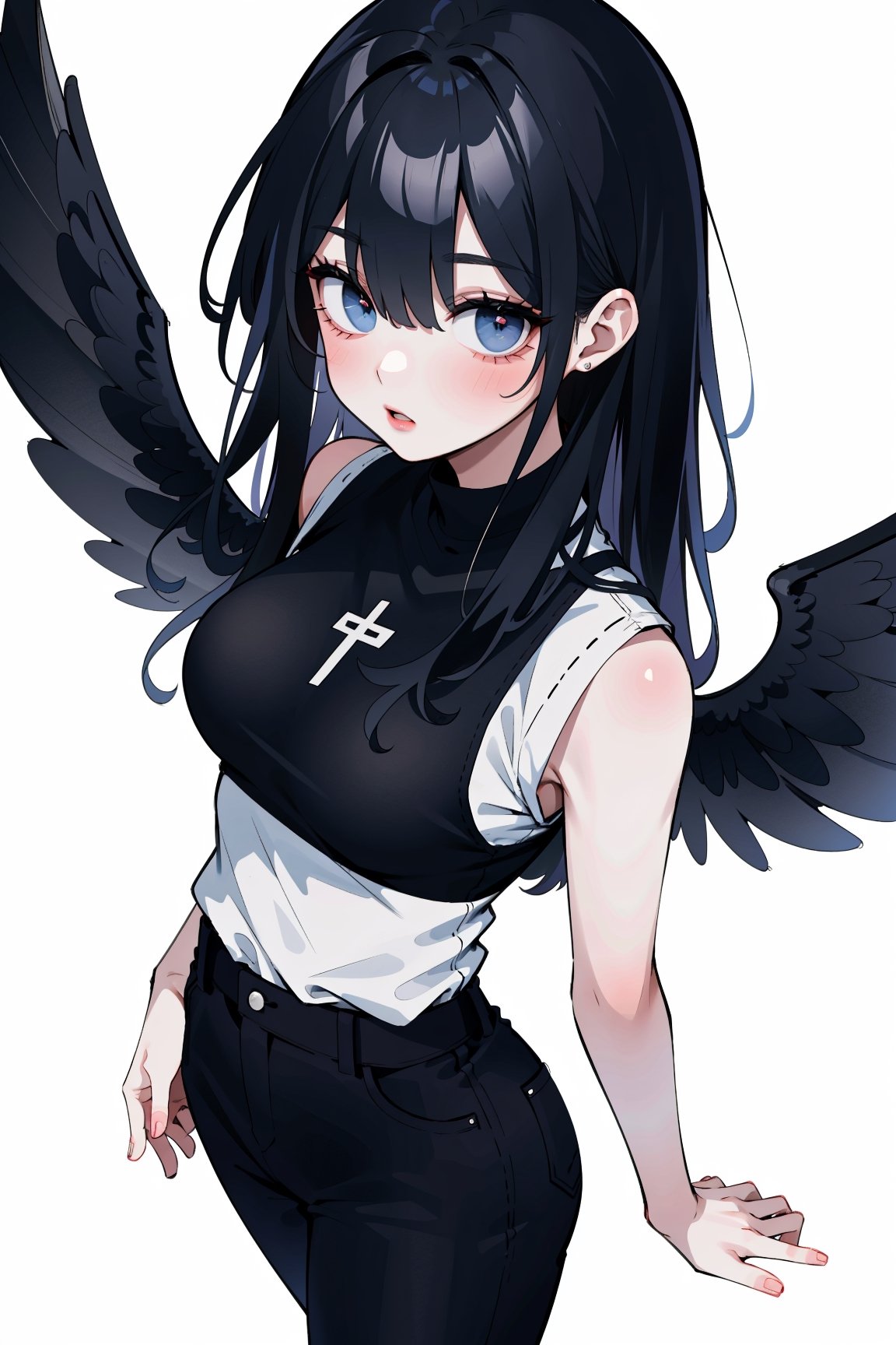 (masterpiece, best quality, highres:1.3), ultra resolution image, (1girl), (solo), black hair, black pants, attractive, 

BREAK

looking at viewer, from above, upper body, kawaii, niji, style --niji, wings, holy