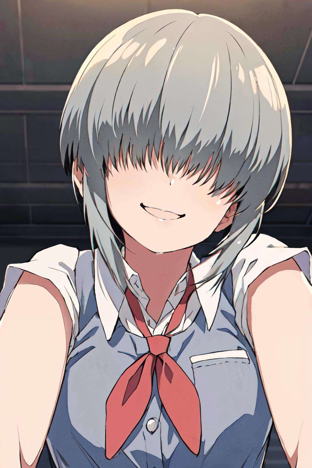 <lora:YanagiUzaki:0.9>uzaki yanagi, school uniform,  grey hair,bangs,hair over eyes,coverd eyes,  from below,(best quality, masterpiece, RAW photo,ultra-detailed:1.2), <lyco:GoodHands-beta2:1.0>,solo,1girl, smile,