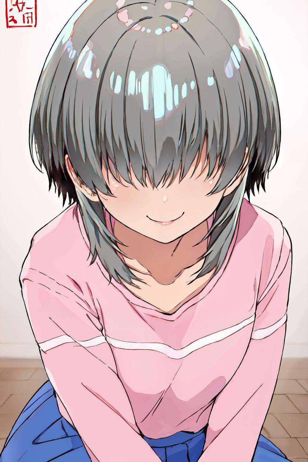 <lora:YanagiUzaki:1>uzaki yanagi, pink tops, blue skirt, smile, grey hair,collarbone,bangs,hair over eyes,coverd eyes,(best quality, masterpiece, RAW photo,ultra-detailed:1.2), <lyco:GoodHands-beta2:1.0>,solo,1girl,