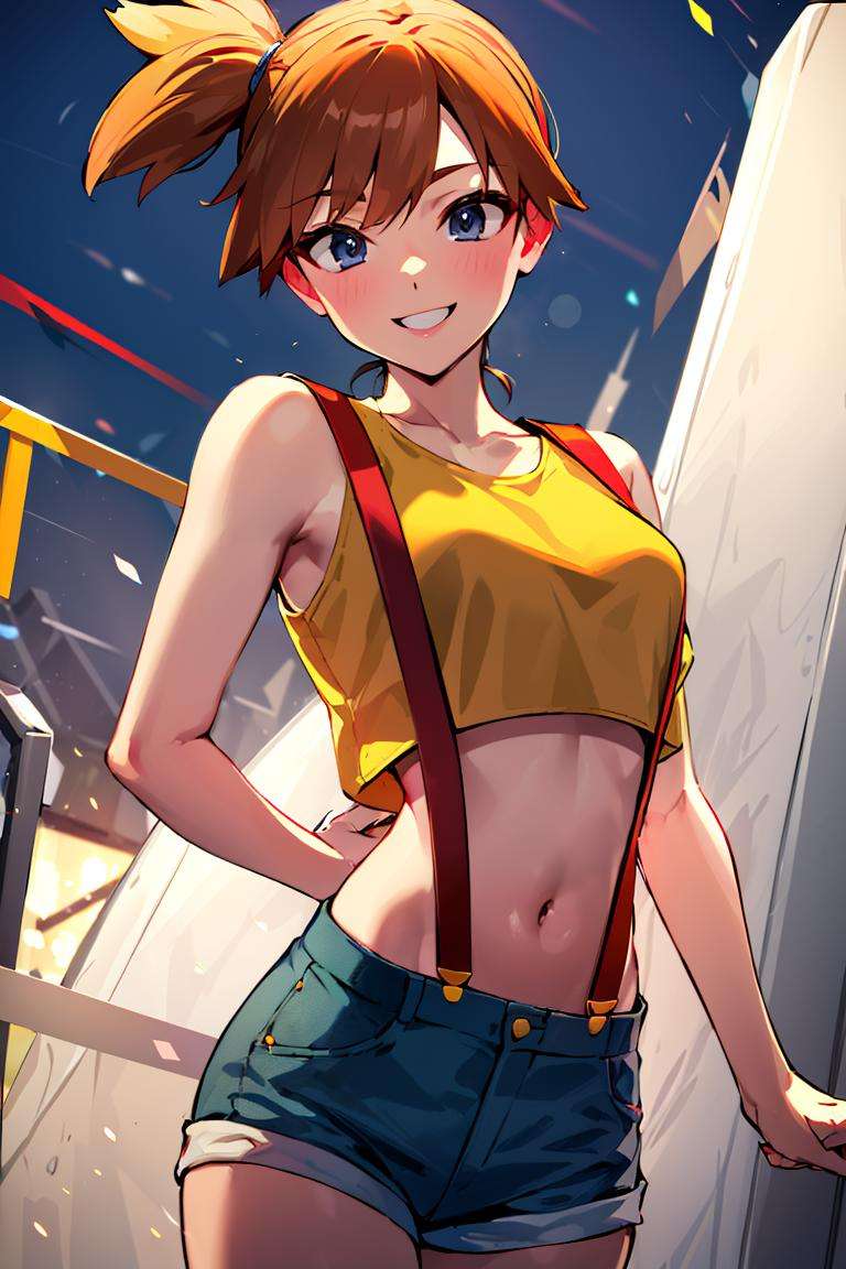 ((masterpiece,best quality)), absurdres, <lora:Misty_Pokemon:0.7>, Misty_Pokemon, yellow crop top, suspenders, solo, smiling, looking at viewer, cowboy shot, cinematic composition, dynamic pose