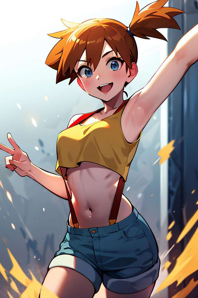 ((masterpiece,best quality)), absurdres,<lora:Misty_Pokemon:0.8>, Misty_Pokemon, yellow crop top, suspenders, side ponytail, solo, smiling, looking at viewer, cowboy shot, cinematic composition, dynamic pose,