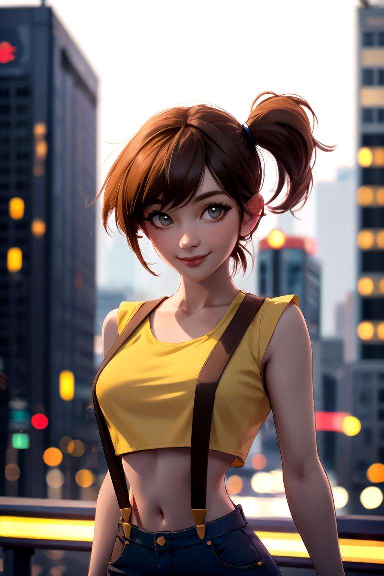 centered, award winning upper body portrait, cowboy shot, (looking at viewer:1.2), |solo, standing, smile, Misty_Pokemon, yellow crop top, suspenders, side ponytail, | city, urban scenery, city lights,| bokeh, depth of field, cinematic composition, |  dynamic pose,<lora:Misty_Pokemon:0.6>