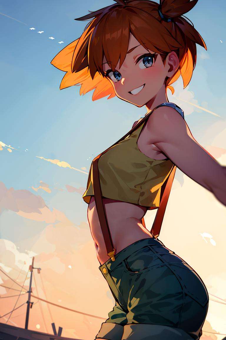 ((masterpiece,best quality)), absurdres, <lora:Misty_Pokemon:0.6>, Misty_Pokemon, yellow crop top, suspenders, solo, smiling, looking at viewer, cowboy shot, cinematic composition, dynamic pose