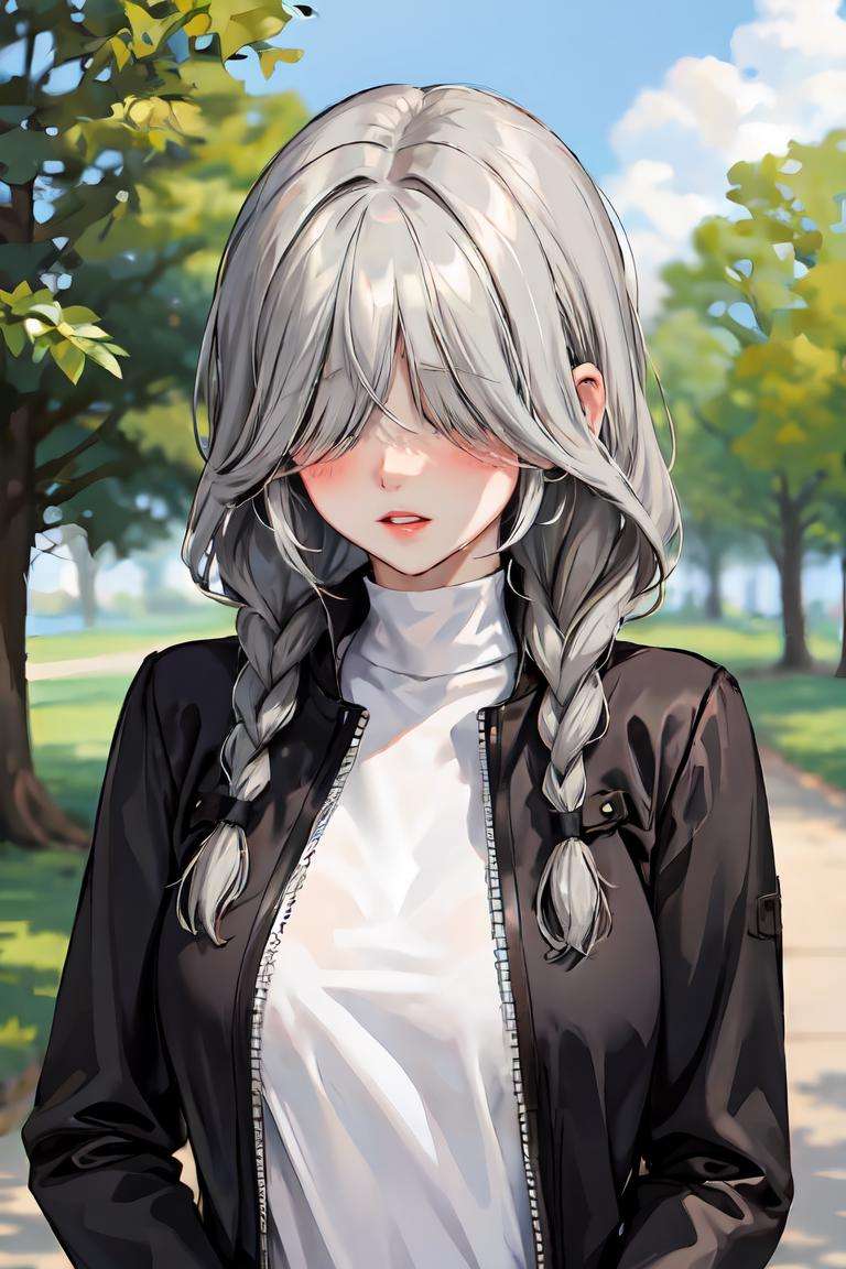 masterpiece, upper body,  1girl, solo, gray hair , twin braids, blush, impossible clothes,   parted lips,  hair over eyes,   milf, mature female, outdoors, sky, 