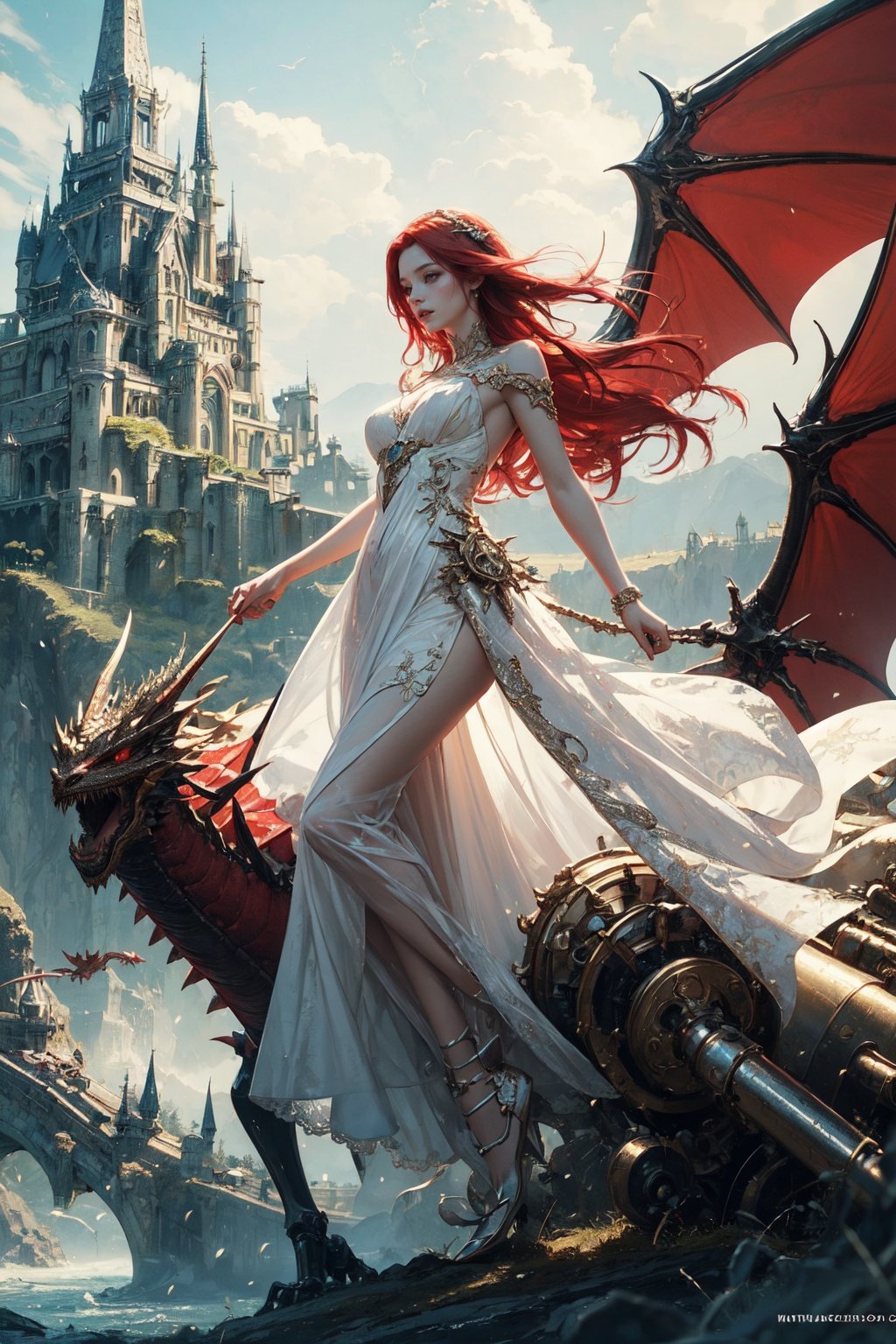 Masterpiece, Best Quality, 1girl, red hair, pale skin, white dress, mechanical dragon, fantasy world, scenery, ethereal, extremely detailed. 