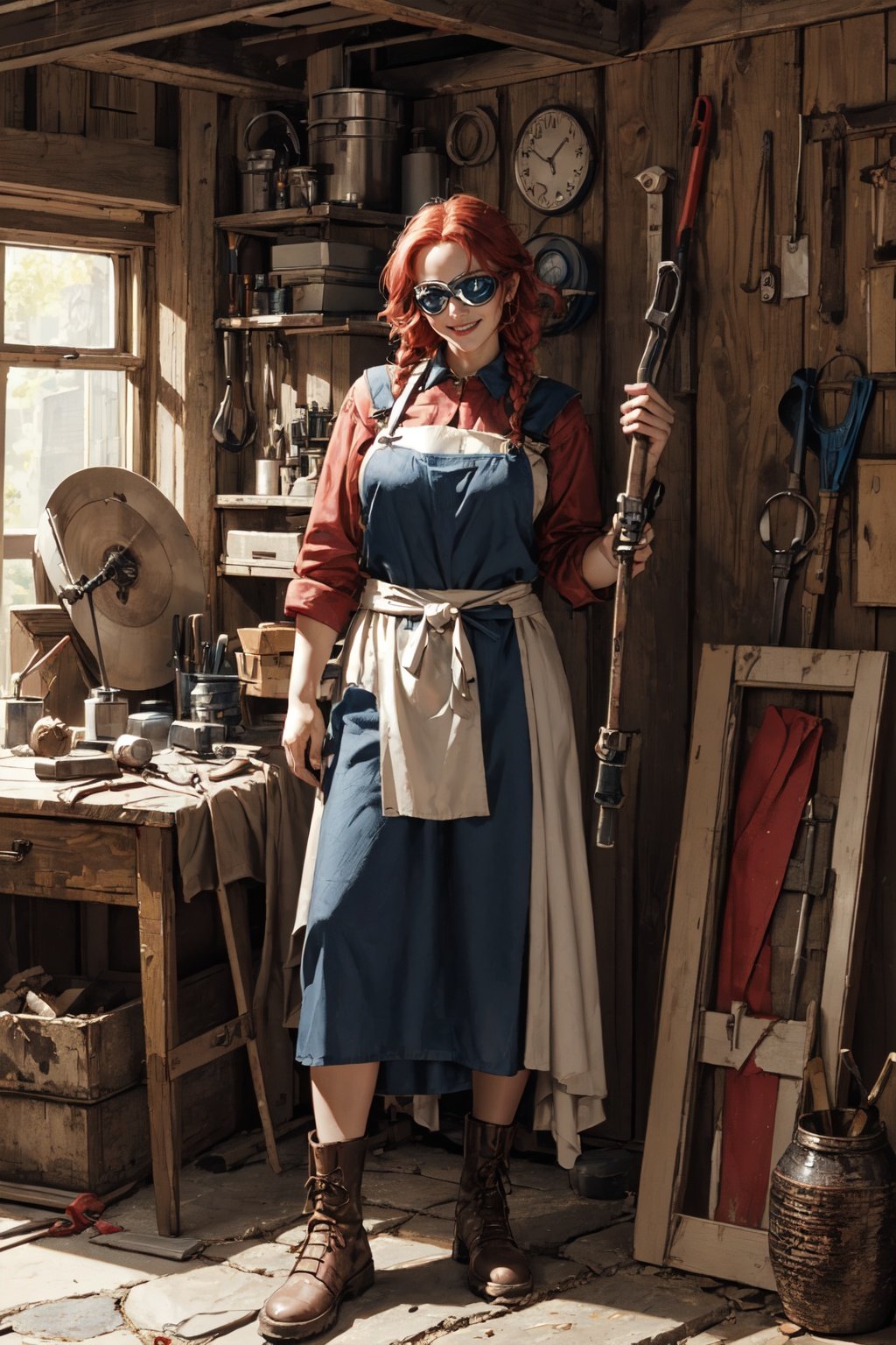 Race: Dwarven engineerAppearance: Stocky build, braided red hair, goggles pushed up on the foreheadOutfit: Sturdy leather apron over practical clothing, tools hanging from beltsPose: Standing next to a massive mechanical invention, holding a wrench with a satisfied grin